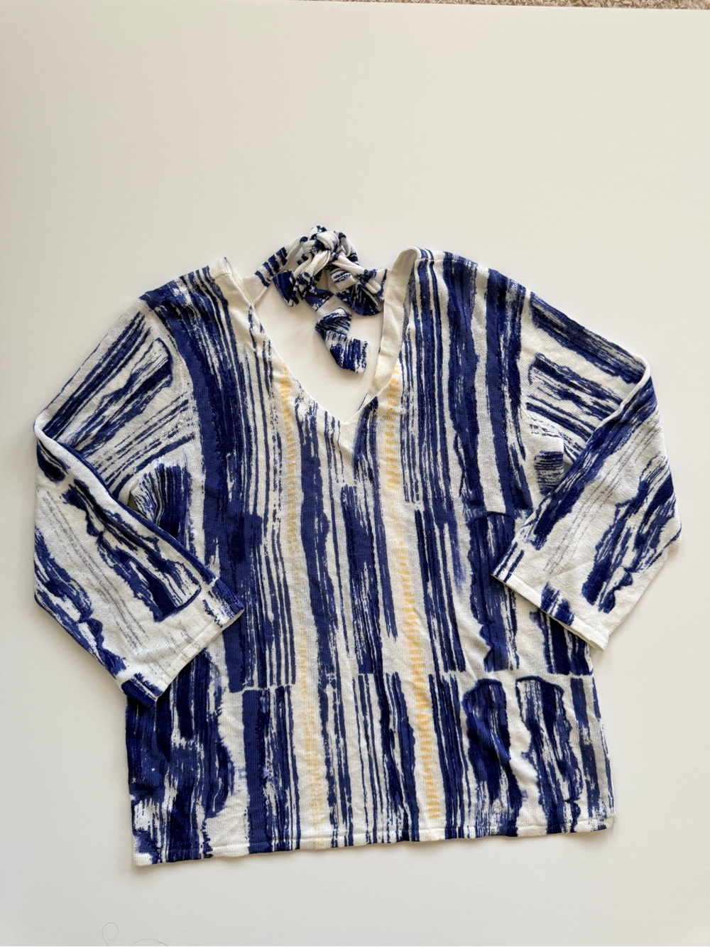 NIC+ZOE V-Neck Pullover with Blue, White & Yellow Brushstroke Stripes